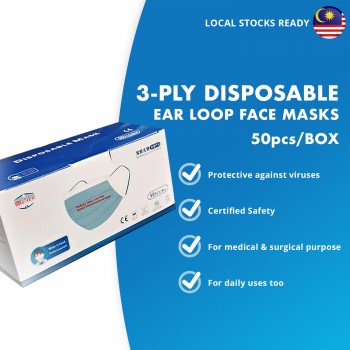 [LOCAL STOCK WITH BOX] Face Mask 50pcs/Box - Disposable Earloop Surgical Face Mask 3-Layer Protective Medical Mask (Certified Safety Compliance Mark)